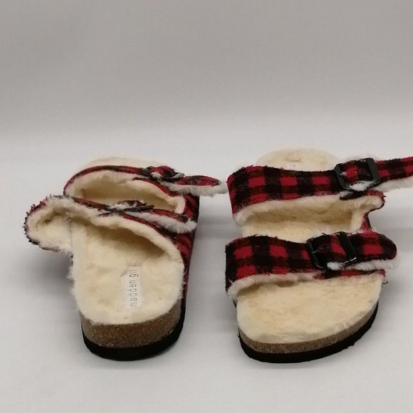 Madden Girl Womans Butterfly Slide Sandal‎ Red Buffalo Check Faux Fur 9.5M NEW - Picture 3 of 9